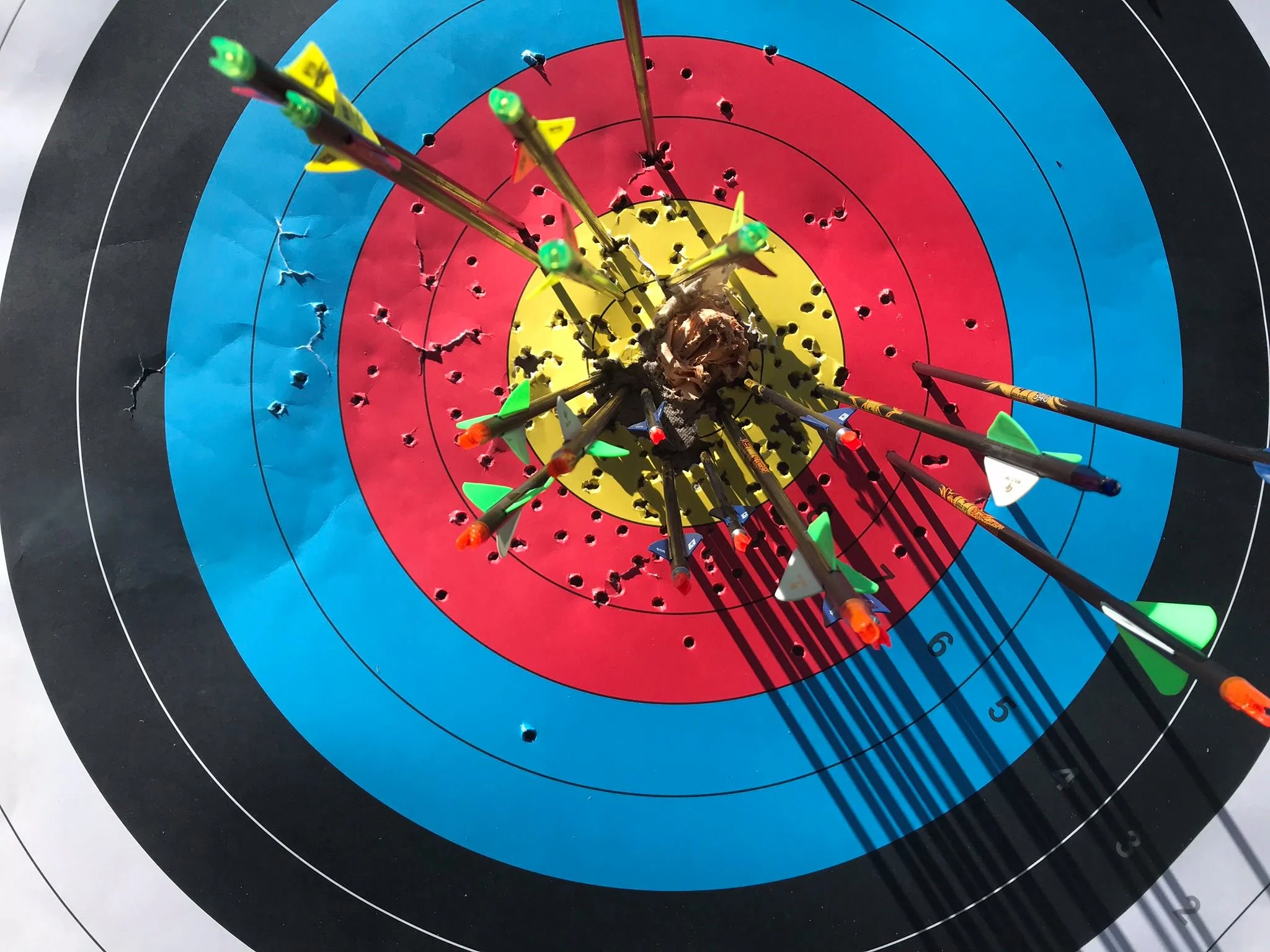 Multiple arrows trying to hit the bullseye target